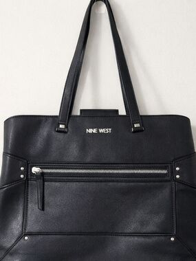 Nine West Black Faux Leather Tote Bag Work Laptop Shoulder Purse Zip Pocket